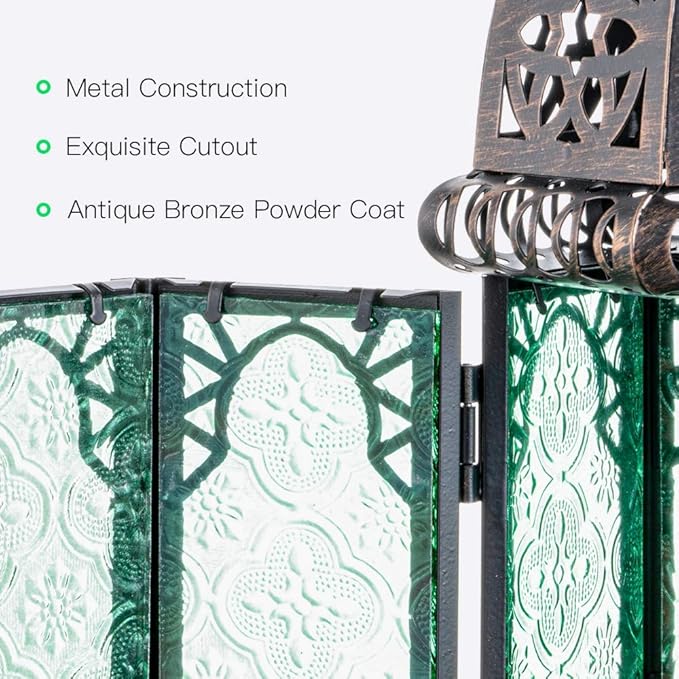 DECORKEY Moroccan Decorations for Home, 12.8’’ Vintage Metal Tabletop Candle Lantern, Spring Style Decorative Hanging Lantern, Christmas Halloween Candle Holders for Indoor Outdoor Patio Decor (Green)