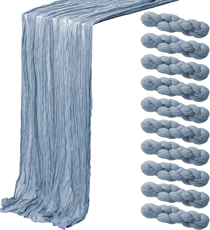 10 Pack Dusty Blue Cheesecloth Table Runner,10FT/120 Inch Boho Gauze Fabric Table Runner,Rustic Sheer Blue Cheese Cloth Runner Bulk for Wedding,Bridal Baby Shower,Birthday Party,Holiday Table Decor