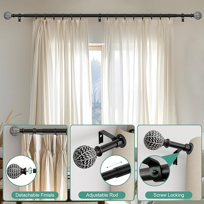 Black Curtain Rods for Windows 28 to 48 Inch,1'' Diameter Drapery Rods with Leaf Pattern Finials,Decorative Adjustable Heavy Duty Curtain Rods Set,18-60''