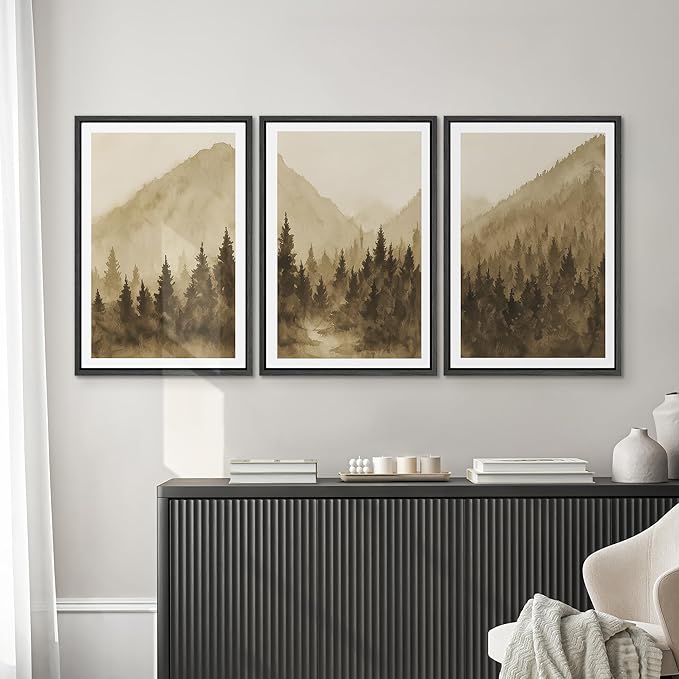 SIGNWIN Framed Canvas Print Wall Art Set Misty Mountain Pine Landscape Neutral Sepia Tone Nature Illustrations Modern Art Decorative Chic Calm for Living Room, Bedroom, Office - 16"x24"x3 Black