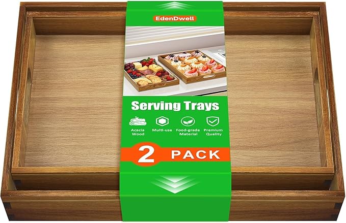 Serving Trays - 2 Pack, Acacia Wood Serving Platters with Ergonomic Handles, Versatile Rustic Decorative Trays for Breakfast, Brunch, Dinner, Coffee Table, Party, Kitchen-L