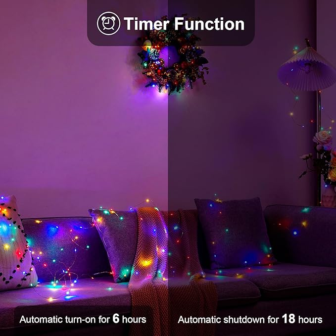 2 Pack 16.4ft Battery Operated String Lights with Timer, Multi Color with Synchronized Twinkle Mode, Fairy Lights Battery Powered, 50 LED, Idea for Christmas Bedroom Party Wedding