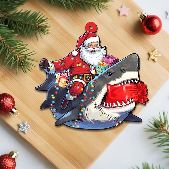 Santa Ornament - Wooden Xmas Tree Hanging Decorations - Santa Riding Shark Christmas Home Decor - Christmas Ornament Gifts - 2 Side Printed Ornaments
