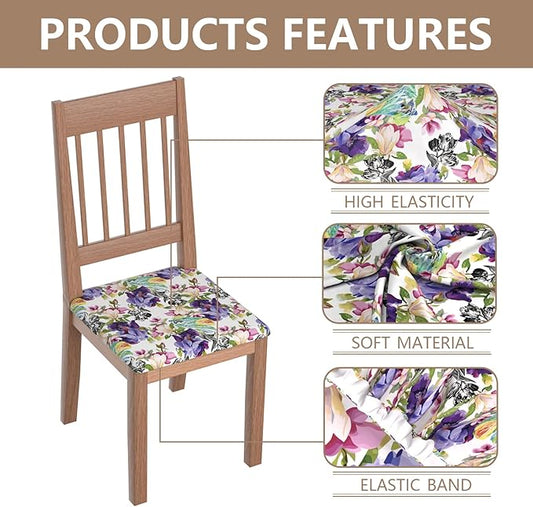 Stretch Dining Chair Seat Covers Set of 8,Dining Chair Slipcovers, Floral Printed Chair Covers,Soft Fabric Washable Upholstered Chair Seat Protector, No Rear Covers for Home Kitchen Dining Room