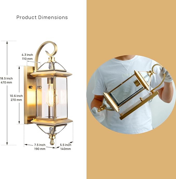 Copper Outdoor Lights Wall Mount 18.5" H Porch Light Oil Rubbed Brass Exterior Light Fixture with Clear Glass,Outside Lighting for Patio, Garage, Frontdoor 1 Pack,Bulb Not Included
