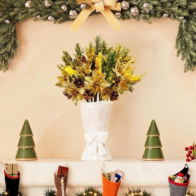 Fully Glazed White Ceramic Bow Vase 9.64 in Unique Cute Modern Decorative Bouquet Flower Vases for Home Living Room Table Christmas Decor Women Girl Gifts