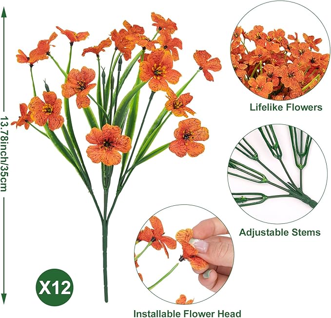 Ouddy Decor 12 Bundles Artificial Fall Flowers for Outdoors Fake Mums Fall Silk Flowers UV Resistant Faux Plastic Plants for Indoor Outdoor Vase Box Garden Porch Window Box Home Autumn Decor, Orange