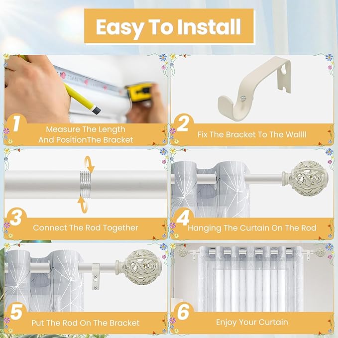 1 Inch Curtain Rod For Windows 28 to 48 Inches, Heavy-Duty Adjustable Decorative Curtain Rod With Rattan Leaf Hollow Finials For Bedroom And Living Room White