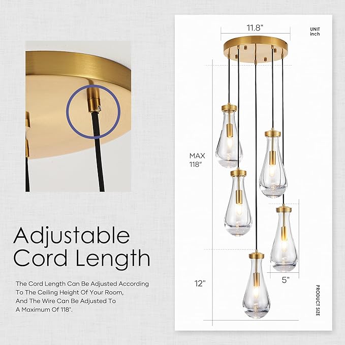 5-Light Raindrop Pendant Light Fixtures, Brass Glass Pendant Lighting, Teardrops Modern Hanging Light for Entryway Foyer Kitchen Island Dining Living Room Hallway