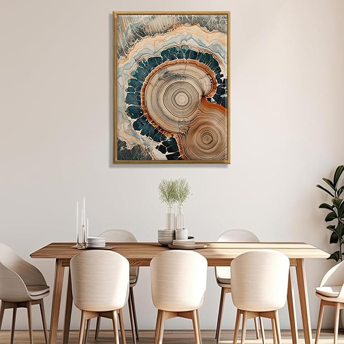 IBHJSART Framed Tree Ring Canvas Wall Art Vintage Colorful Wood Stump Painting Prints Modern Minimalist Pictures Neutral Nature Rustic Farmhouse Decor Living Room Bedroom Bathroom Office