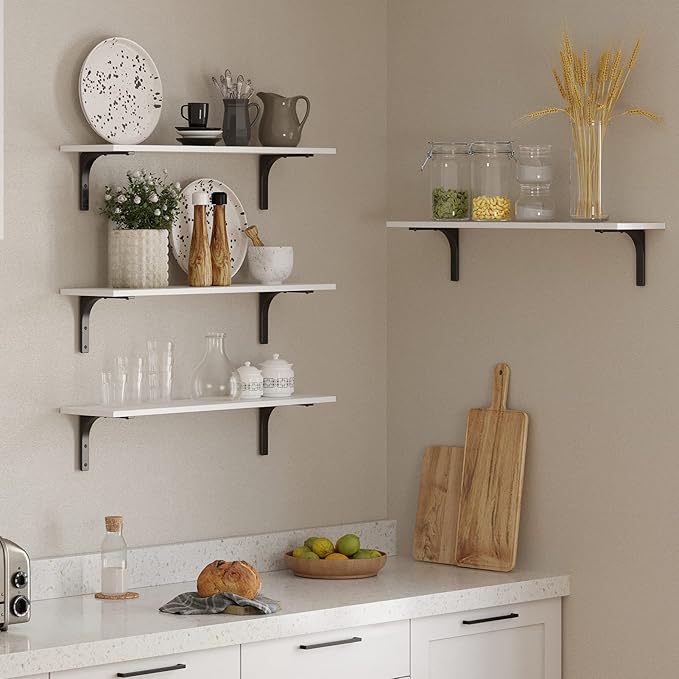DINZI LVJ Long Wall Shelves, 31.5 x 7.9 x 6.1 Inches, Set of 2 White Floating Shelves, Easy-to-Install, Large Storage Ledges with Sturdy Metal Brackets for Living Room, Bathroom, Bedroom, Kitchen