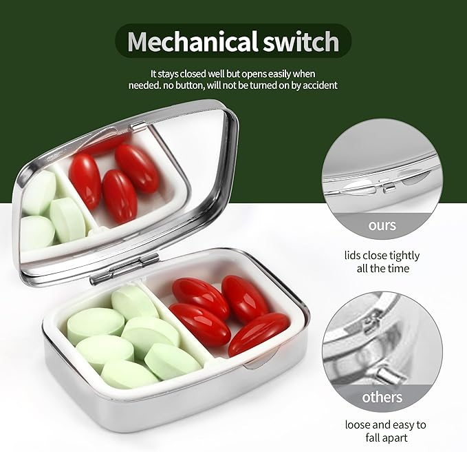 Dynippy Pill Case Pill Box with Mirror Retro Pocket 2 Compartment Medicine Case Vitamin Pill Organizer for Pocket Purse and Travel (Silver- Cactus Pattern)