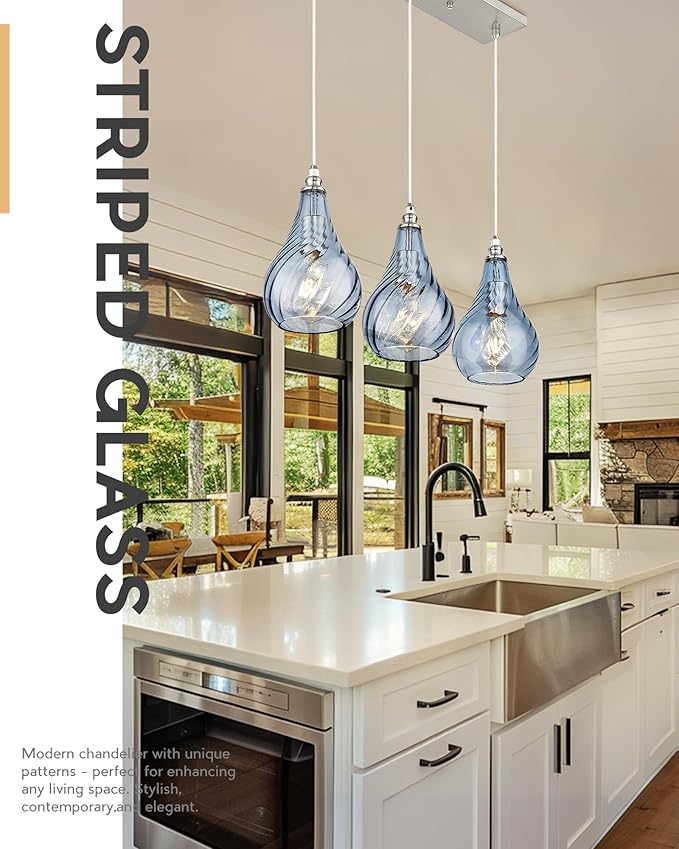 TENGXIN 3-Light Pendant Lights for Kitchen Islands - Brushed Nickel with Blue Glass. Farmhouse Style, Ideal for Dining Rooms and Bedrooms, 6 Inch