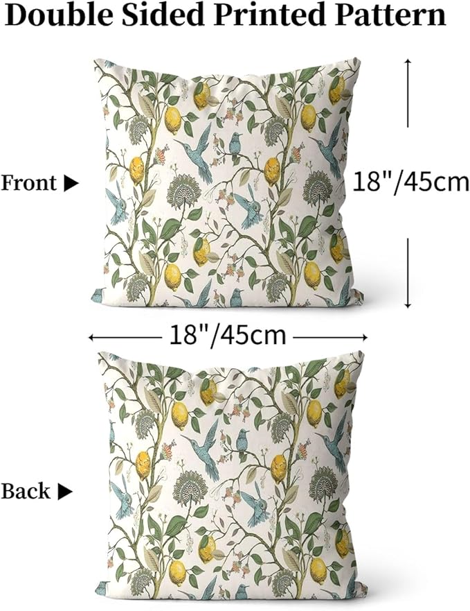 Lemon Tree Pillow Covers 18x18 Inch Vintage Blue Birds Print Pillow Protectors with Zipper Standard Size Rustic Nature Floral Botanical Pillowcases Antique Midcentury Modern Bed Pillow Covers Set of 2