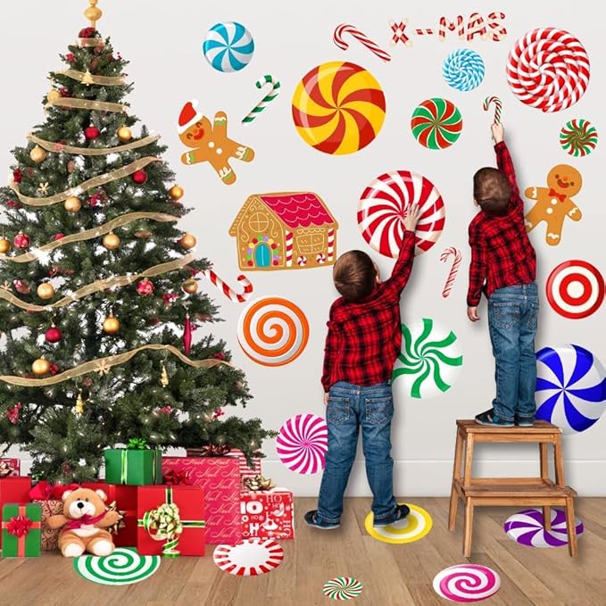 DIYDEC 70PCS Peppermint Floor Decals Stickers, Self-Adhesive Christmas Candy Party Wall Floor Stickers Decals for Christmas Floors Candy Land Decoration