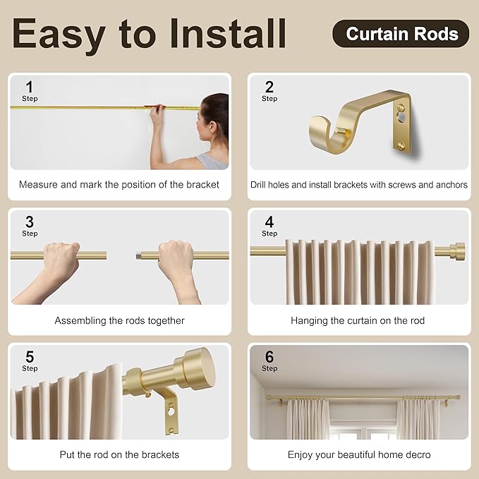 PORTRES Warm Gold Heavy Duty Curtain Rods for Windows 48 to 84 Inches Adjustable Length 1" Diameter Curtain Rod with Modern Decorative Finials for Outdoor Farmhouse Bedroom Kitchen Living Room