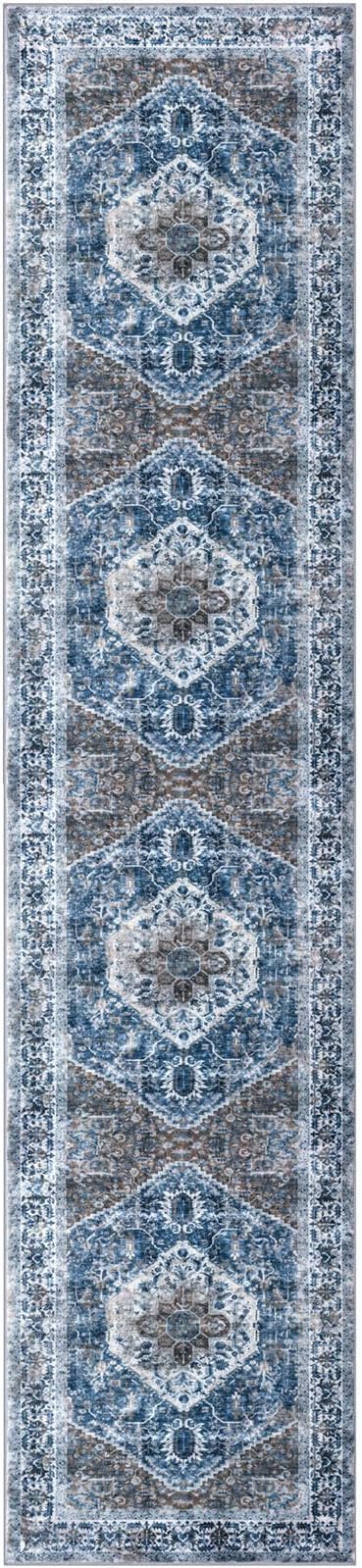 KOZYFLY Long Runners for Hallways 2x10 Ft Washable Kitchen Runner Rug Boho Runner Rug for Entryway Indoor Blue Printed Oriental Faux Wool Stair Runner Floor Carpet Runner for Stair Kitchen Hall