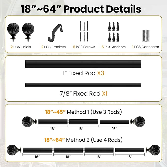 Matte Black Curtain Rod for Windows 18 to 64 inch, 1-inch Heavy-Duty Adjustable Curtain Rod with Decorative Pinecone finials for Farmhouse Living room, Bedroom, Dining room