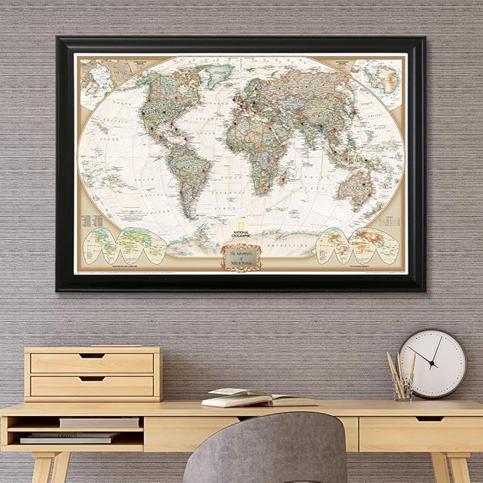 Push Pin Travel Maps Customizable Wall Art - Executive World - Black Frame - Personalized Framed Pin Map, Includes 150 Pins - Handcrafted in USA - 27.5" x 39.5"