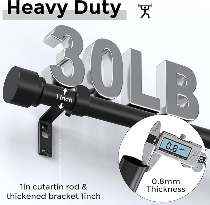 Curtain Rods for Windows 66 to 120 Inch(5.5-10 Feet), Black 1'' Diameter Heavy Duty Adjustable Window Drapery Rod, Modern and Simple Decorative End Cap Finish,Size 36''-120''