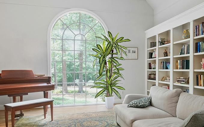 Artificial Dracaena Tree 6ft, Fake Plant with White Tall Planter, Faux Yucca Floor Trees, Artificial Silk Plants for Home Office Room Decor Housewarming Gift Indoor