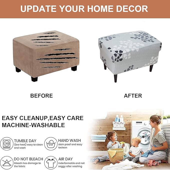 Eco-Ancheng Chair Cover Stretch Ottoman Cover Rectangular Storage Ottoman Slipcover Footrest Stool Covers Ottoman Slipcovers for Foot Stool with Nonslip Elastic Bottom