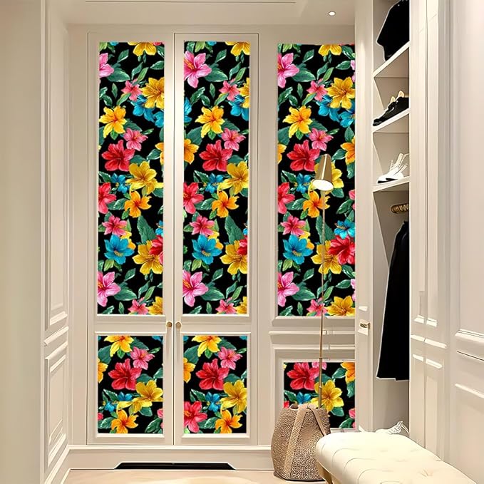 Removable Peel and Stick Wall Stickers 39.37x15.75 Inch Tropical Floral Red Pink Yellow Blue Hibiscus Blossoms Vibrant Modern for Bedroom Living Room Home Spaces Decor