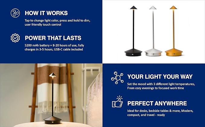 Modern Cordless LED Table Lamps Set of 2 – Rechargeable 5200 mAh Battery, Touch Dimming, 3 Color Modes, Compatible USB-C Charging | Stylish Portable Lamps for Bedroom, Living Room, Nightstand (Gold)