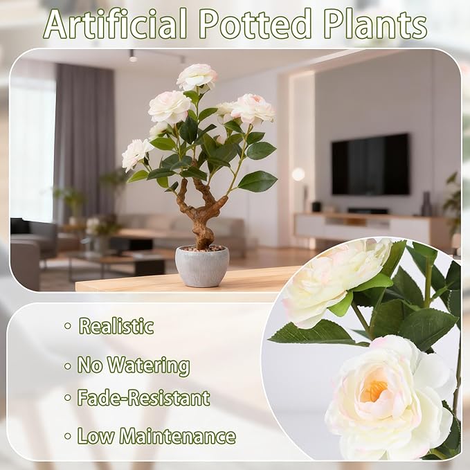TOARTi Artificial Camellia Potted Plant with Stone Pot, 20" Tall Fake Potted Flowers Faux Desk Plant, Realistic Decorative Plants Indoor Decor for for Home Bedroom Bathroom Office Desk