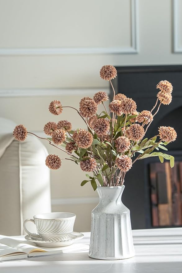 Laelfe Artificial Kiku Flower - 5 Pcs Fake Pompon Mums Silk Small Chrysanthemum Faux Ball Fall Flower Stem Decor for Autumn Wedding Filler DIY Bouquet Centerpieces Arrangements Shower (Coffee)
