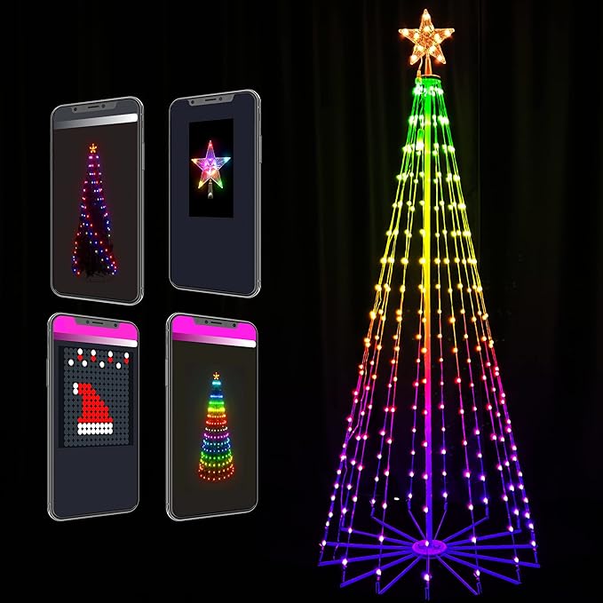 7FT Outdoor Christmas Tree, Star Tree Topper with Removable Bracket, App Control, Sync with Music, Waterfall Colored Lights, 16 Million RGB Colors, IP44 Waterproof, Holiday Christmas Decoration