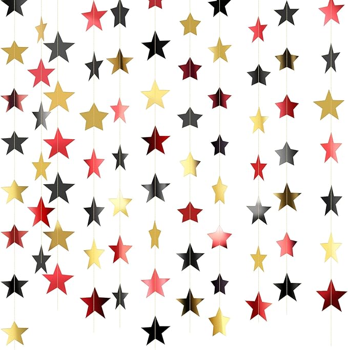 Patelai Glitter Star Garland Banner 2026 New Years Decor 130 Feet Star Hanging Banner Twinkle Backdrop for Birthday Classroom Wedding Christmas Party Supplies(Red, Black, Gold)