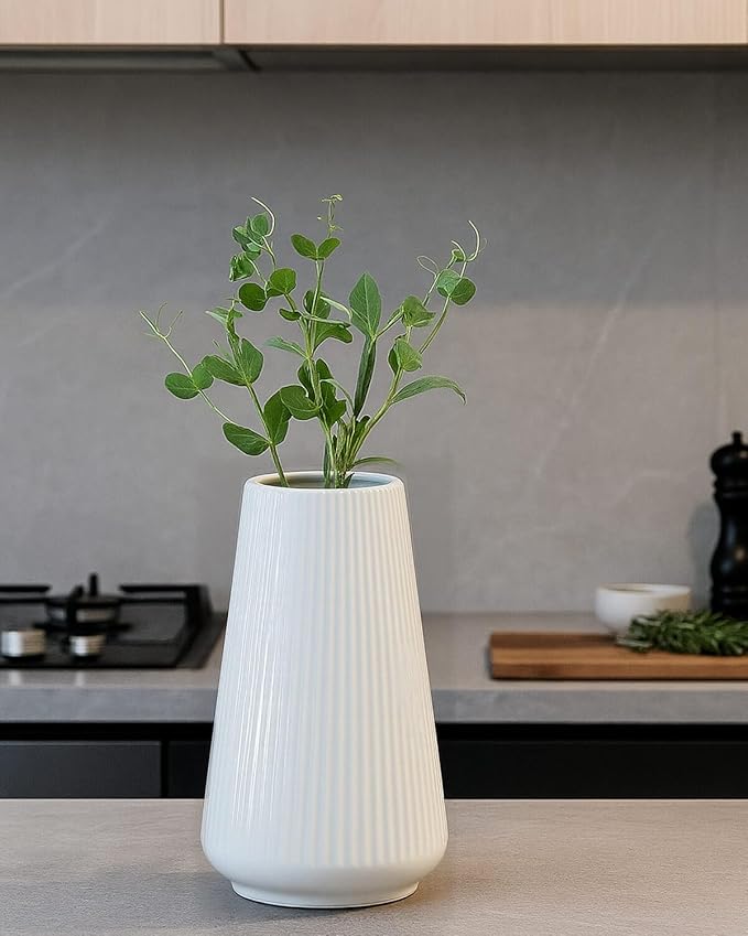 White Ceramic Vase – Frosted Elegant Flower Vase for Pampas Grass, Dried or Fresh Flowers, Modern Minimalist Farmhouse Home Decor for Living Room, Dining Table, Wedding Centerpiece