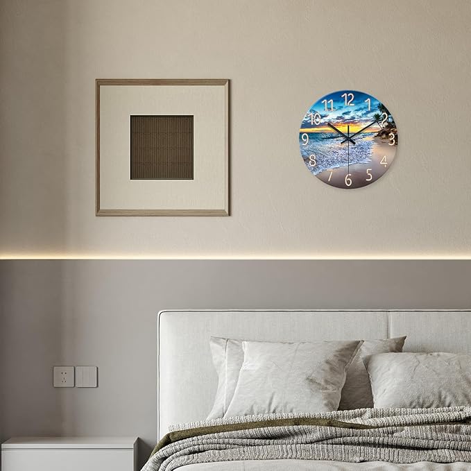 Glass Beach Wall Clocks Battery Operated 16 Inches or Larger Analog Wall Clock Silent Non Ticking Blue Wall Clock for Living Room