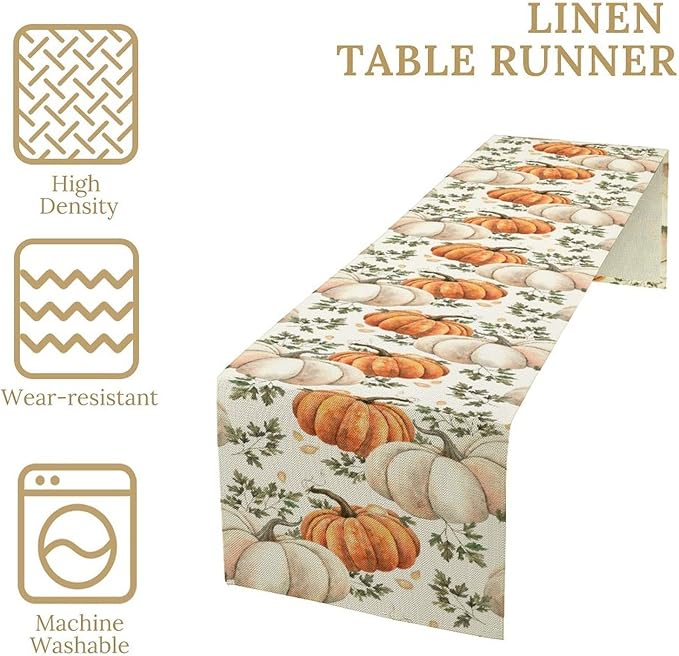 Fall Pumpkin Table Runner White Orange Vegetables Seeds Parsley Watercolor Hand-Painted Illustration Home Decor for Farmhouse Indoor Outdoor Party Holiday Dining Kitchen Restaurant Cafe W13xL90in