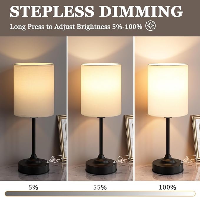 Touch Control Cordlss Table Lamp, USB-C Rechargeable Lamp with Stepless Dimming, 4000mAh Battery Operated Bedside Lamp for Bedroom, Living Room, Night Light & Emergency Lighting, Black, 1 Pack