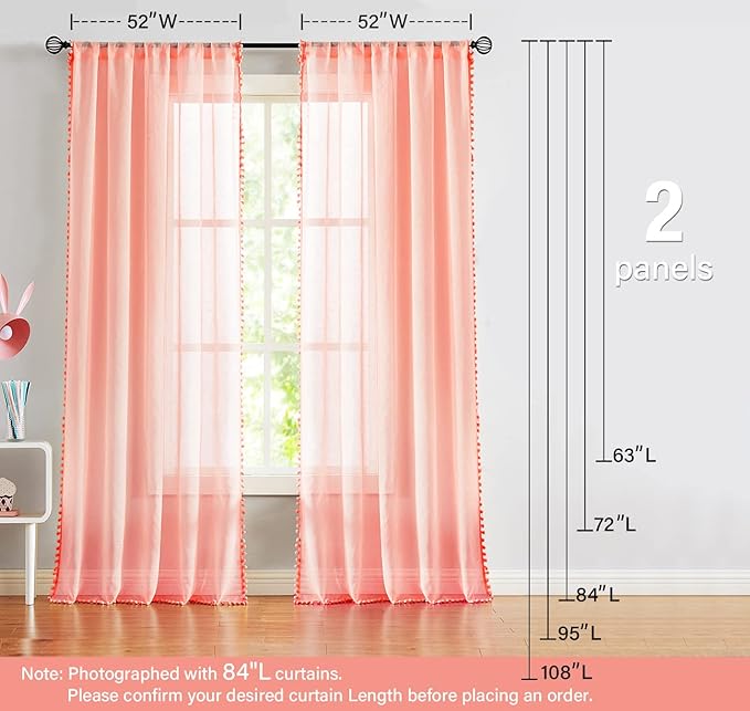 Treatmentex Blush Pink Pompom Sheer Curtains for Bedroom 84" Linen Textured Window Drapes for Living Room Kids Room 2 Panels 52" w
