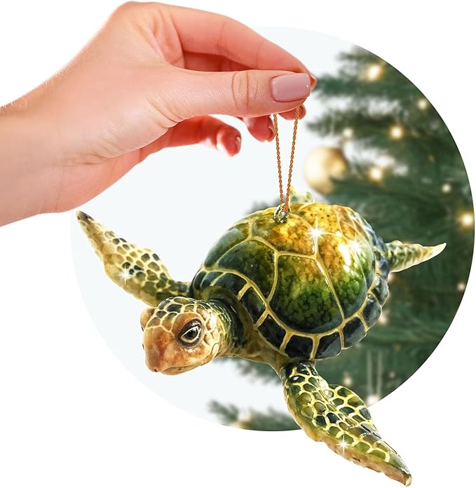 Christmas Ornaments - Home Decor - Unique Nautical Christmas Ornament Hand-painted Green Sea Turtle - Best for Tree Hanging, Bathroom Decorations, Stocking Stuffers, Scuba Lovers and Ocean Enthusiasts