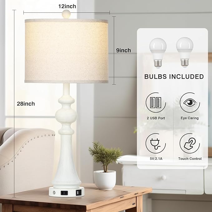 28" Farmhouse Table Lamp with USB A+C Fast Ports & AC Outlets, Vintage Rustic 3-Way Dimmable Touch Control Table Lamp, Rustic Traditional Bedside Nightstand Lamp for Living Room Bedroom White