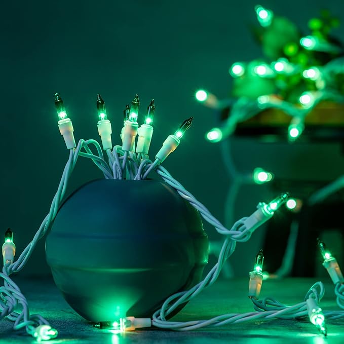YULETIME 200 Green Christmas Lights, Pack of 2 Sets 33 Feet 100 Count UL Certified Incandescent String Lights (Green - White Wire)