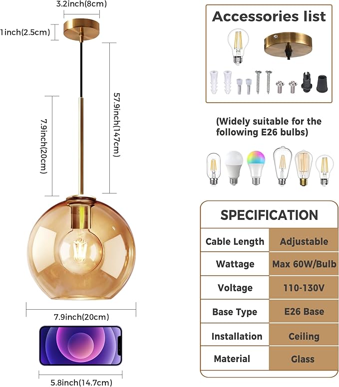 Amber Glass Pendant Lights Kitchen Island Lighting Globe Pendant Light Fixtures Modern Pendant Lighting for Kitchen Island Bedroom Living Dining Room Light Fixture(7.9in, 3-Pack)