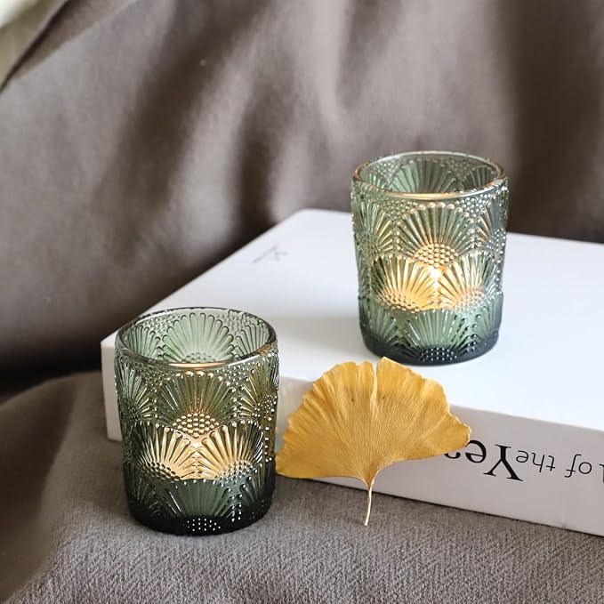 Woho Green Votive Candle Holders Set of 12, Green Glass Tealight Candle Holder for Wedding Party Table Centerpiece, Tea Lights Candle Holder Vintage for Fall Thanksgiving Christmas Decor