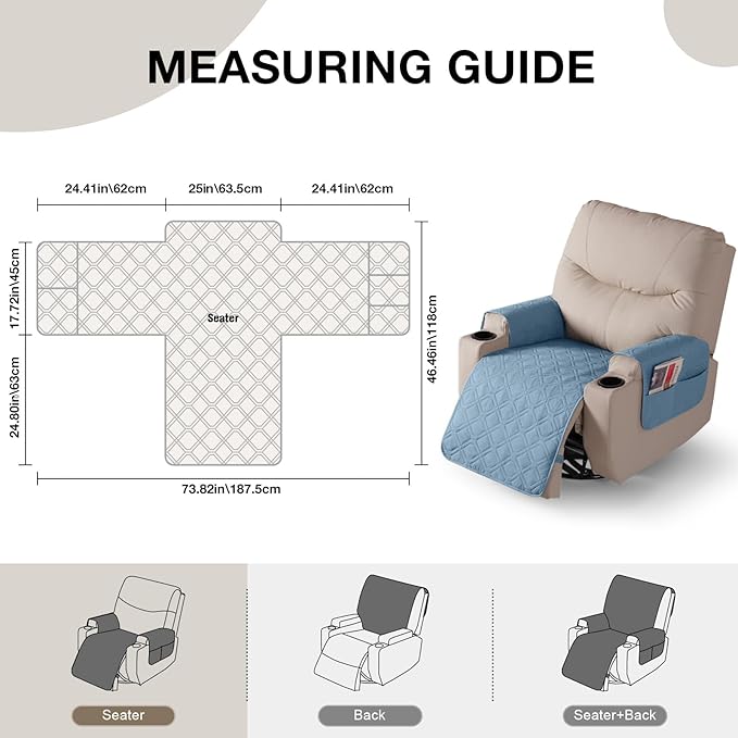 VANSOFY Recliner Chair Covers 100% Waterproof Seat Cover with Arm Reclining Cover Non-Slip Recliner Chair Covers Furniture Protector Washable Slipcover with Pocket for Pets, Dogs(Azuree, 25")