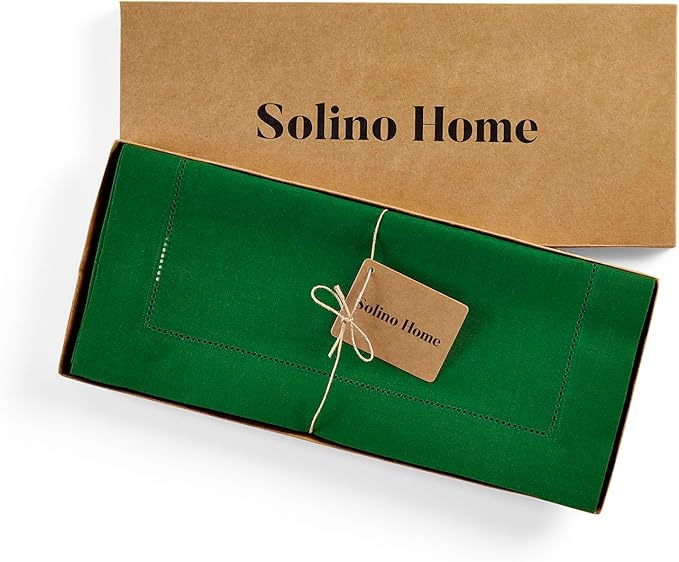 Solino Home Linen Garden Green Table Runner 90 Inches Long - 100% Pure Linen Hemstitch 14 x 90 Inch Table Runner for Dining, Winter, St Patricks Day, Easter - Classic Hemstitch