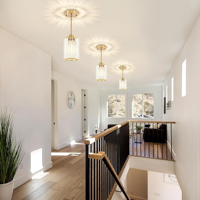 Pendant Lights Kitchen Island, Modern Brushed Gold Pendant Light Fixtures, Kitchen Hanging Lights Mini Chandelier Crystal Pendant Lighting for Island Dining Room Hallway Bedroom