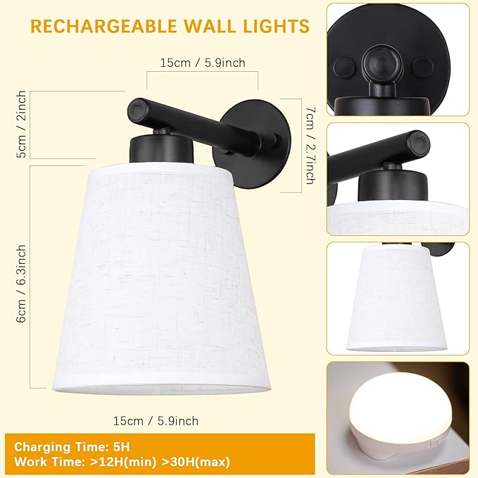 Battery Operated Wall Sconce Set of 2,Gold Rechargeable Wall Lights with Lampshade Dimmable RGB Bulbs and Remote,15 Colors Wireless Wall Lamps for Bedroom Living Room (Black-3P)
