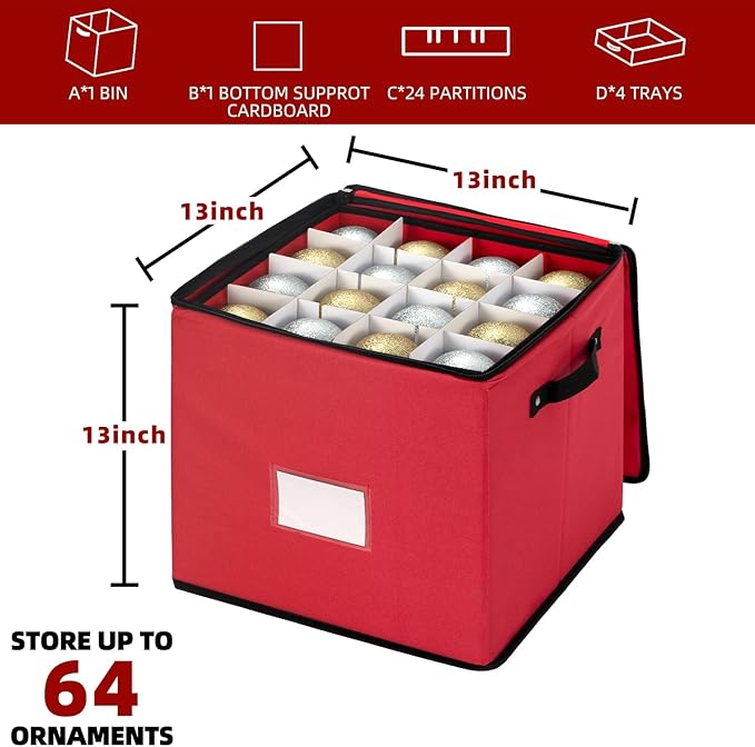 inin Christmas Ornament Storage Box with Adjustable Dividers,Christmas Ornaments Organizer with Zippered Top,Storage Container Bin for Holiday Decorations(64 Ball, Red, with Tray)