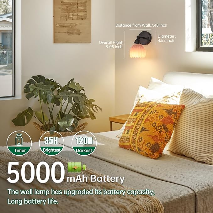 Vintage 5000 mAh Battery Operated Wall Sconce with Pink Tulip Glass Lampshade Rechargeable Battery Powered Wall Light with Remote Control for Bedroom Doorway, Set of 2