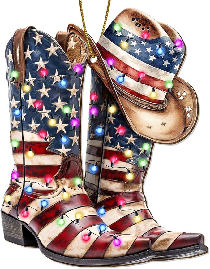 Cowboy Boot Christmas Tree Keepsake Ornaments, American Flag Themed 2 Side Printed Flat Wooden Ornament, Xmas Hanging Decor