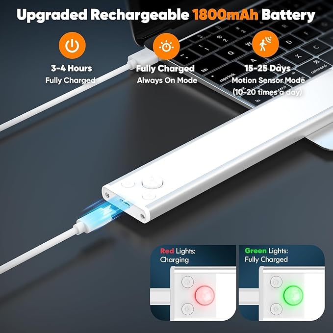 Under Cabinet Lights, 2500mAh 12 Inch Motion Sensor Rechargeable Battery Operated Wireless Under Counter Lights Indoor, Magnetic 108-LED Dimmable Closet Lights for Kitchen with 3 Color Temps 5-Pack